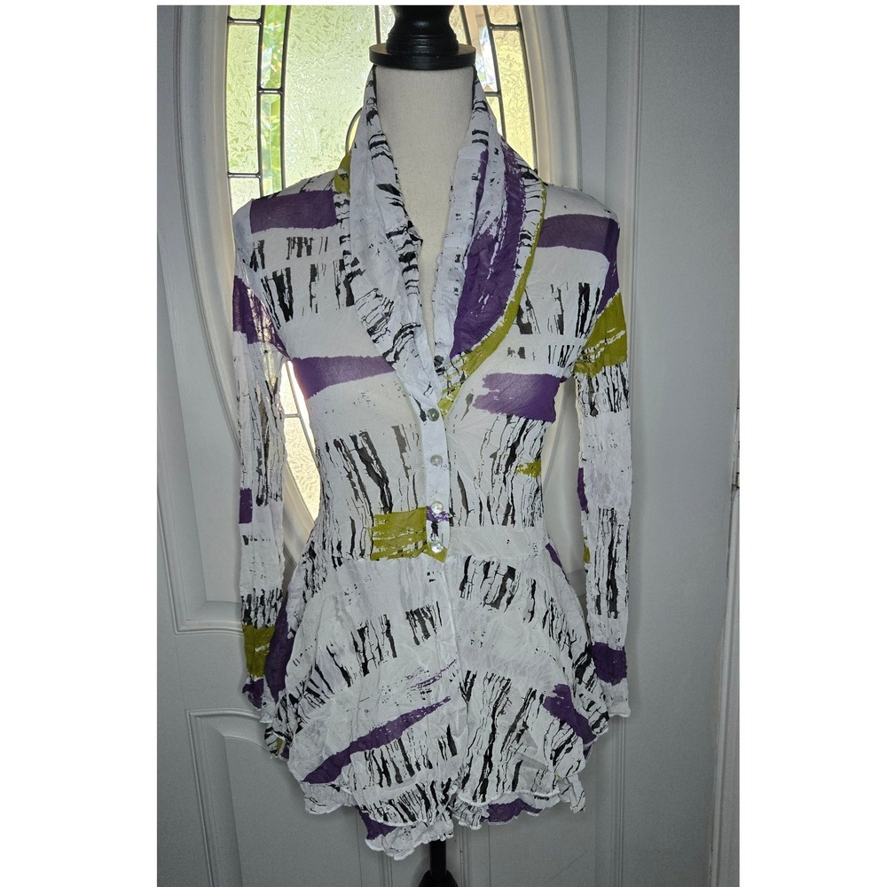 Comfy USA Abstract Mesh Tunic XS Made in USA Purple White Stretch Art-to-Wear‎